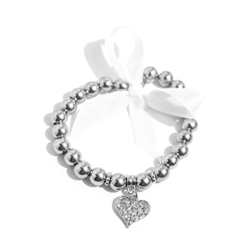 Elegant Silver Beaded Bracelet with Heart Charm